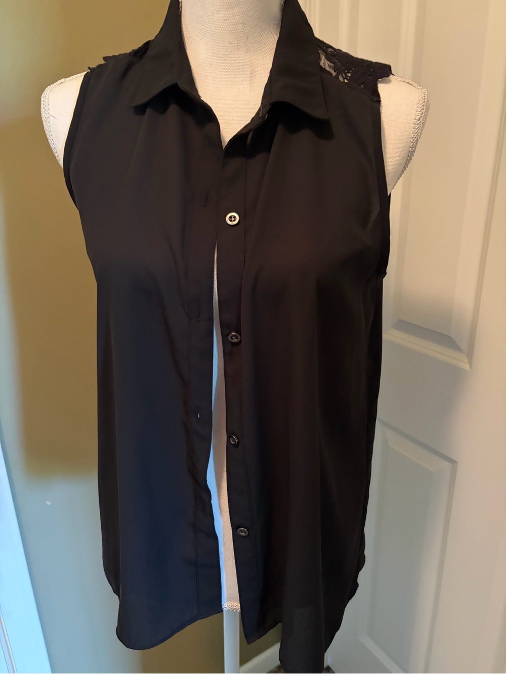 Sleeveless Black Lace-Shoulder Button-Front Blouse